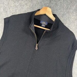 Brooks Brothers 346 Sweater Vest Mens XL Black Merino Wool Full Zip Mock Neck